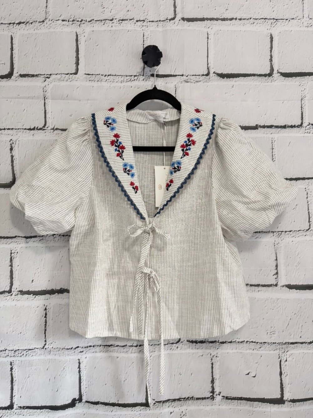 NWT Caroline Constas Embroidered Tie Front Puff Sleeve Top Size S - Picture 4 of 15